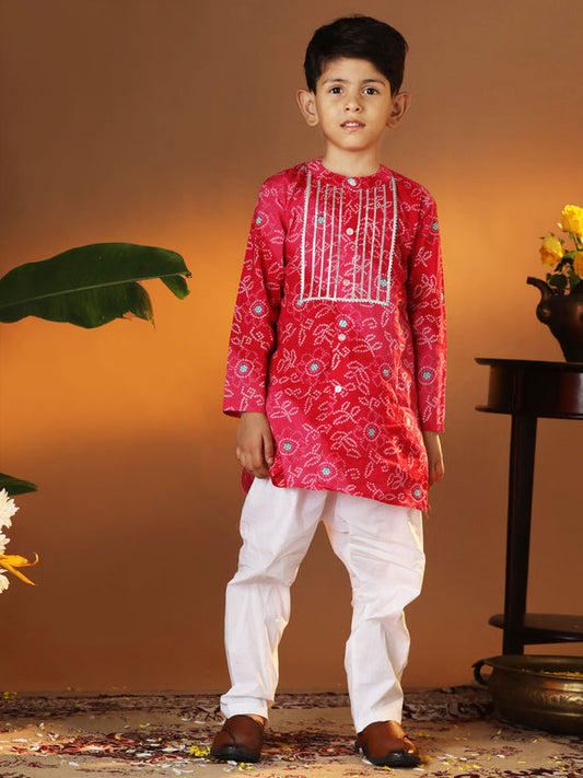 Vastramay - Infant Boys' Pink And White Cotton Kurta and Pyjama Set