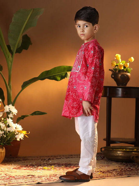 Vastramay - Infant Boys' Pink And White Cotton Kurta and Pyjama Set