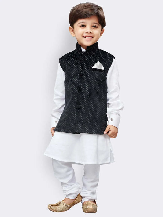 Boys' White Cotton Jacket, Kurta and Pyjama Set