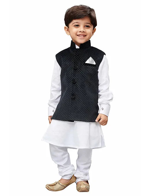 Boys' White Cotton Jacket, Kurta and Pyjama Set