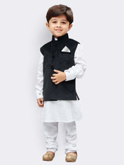 Boys' White Cotton Jacket, Kurta and Pyjama Set