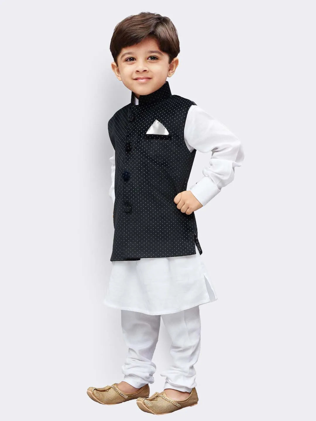 Boys' White Cotton Jacket, Kurta and Pyjama Set