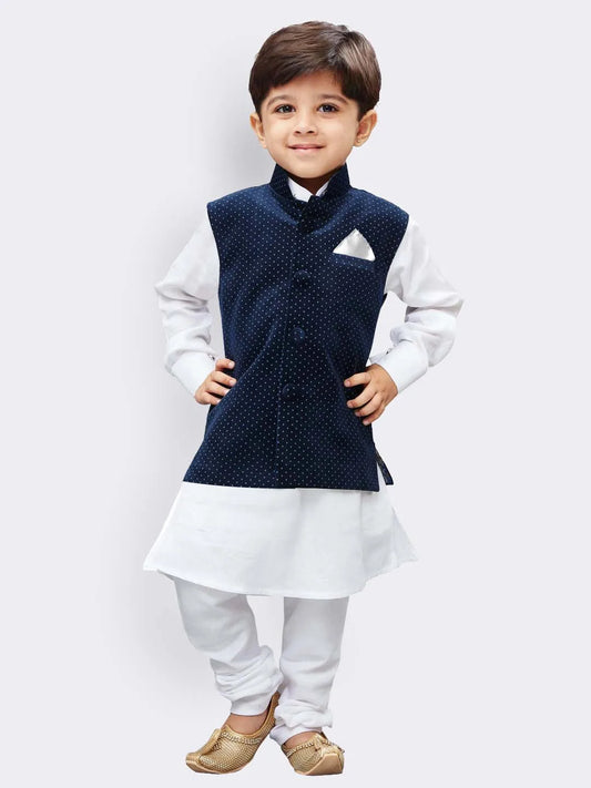 Boys' White Cotton Jacket, Kurta and Pyjama Set