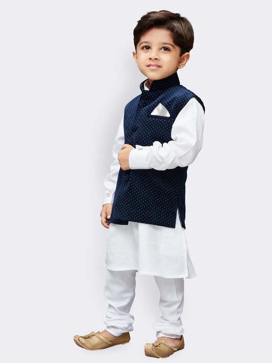 Boys' White Cotton Jacket, Kurta and Pyjama Set