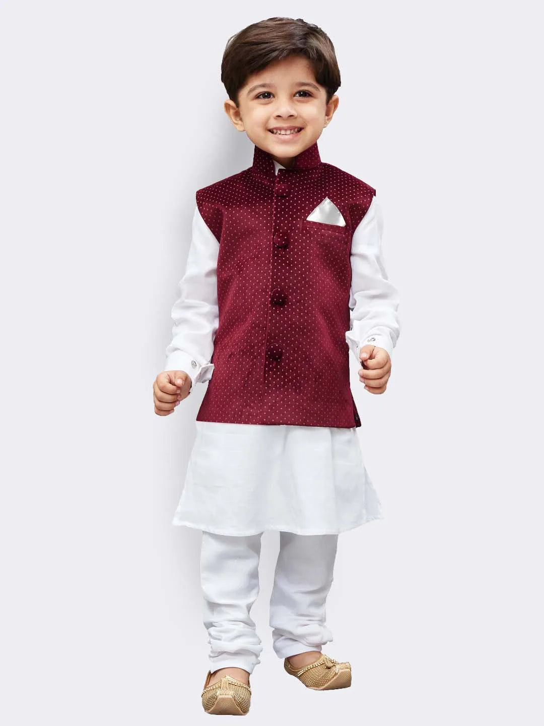 Boys' White Cotton Jacket, Kurta and Pyjama Set