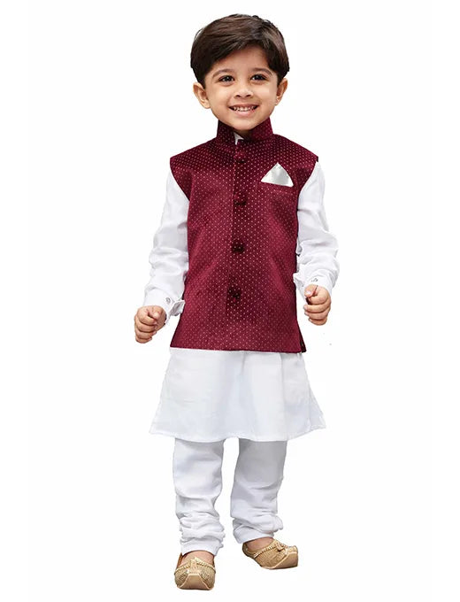 Boys' White Cotton Jacket, Kurta and Pyjama Set