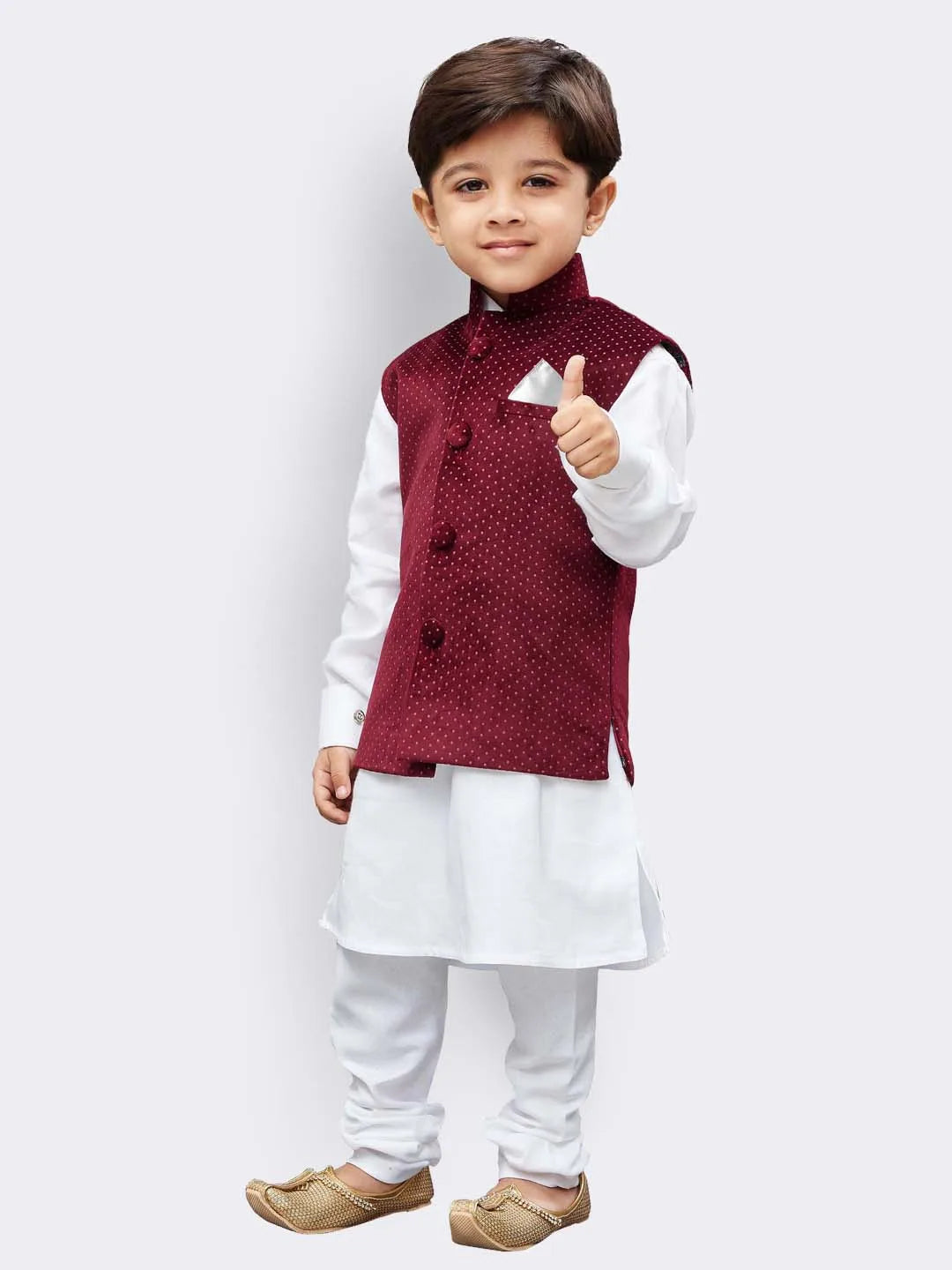 Boys' White Cotton Jacket, Kurta and Pyjama Set