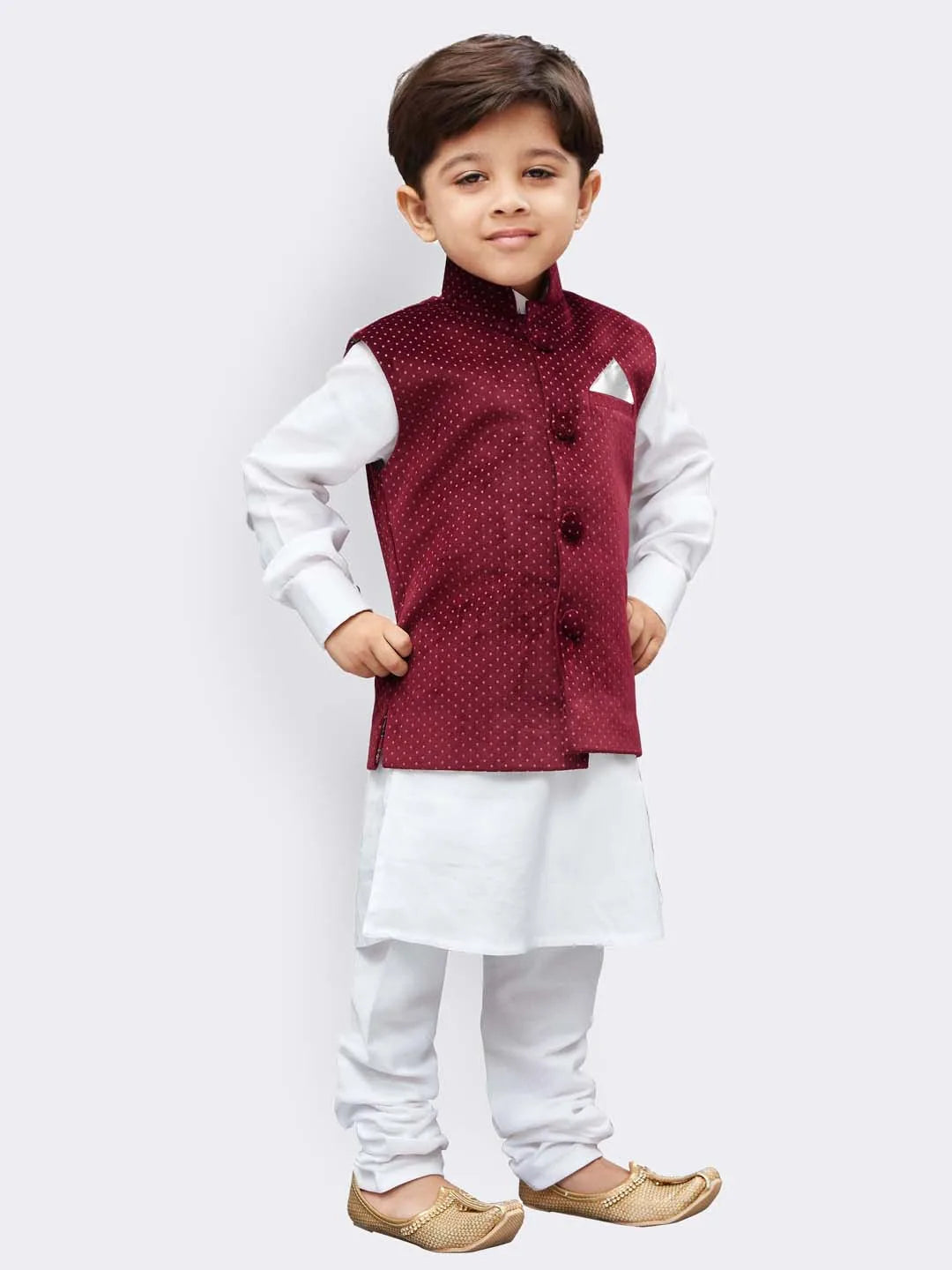 Boys' White Cotton Jacket, Kurta and Pyjama Set