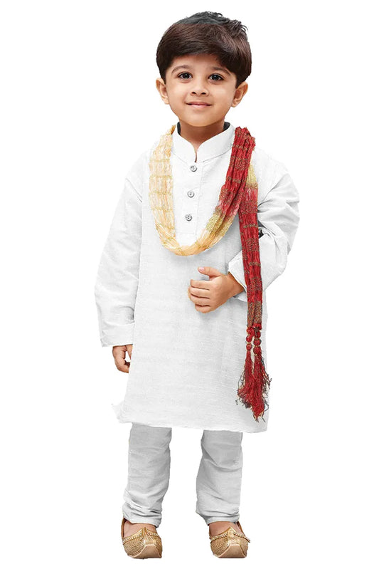 Boys' White Pure Cotton Kurta, Pyjama & Dupatta Set