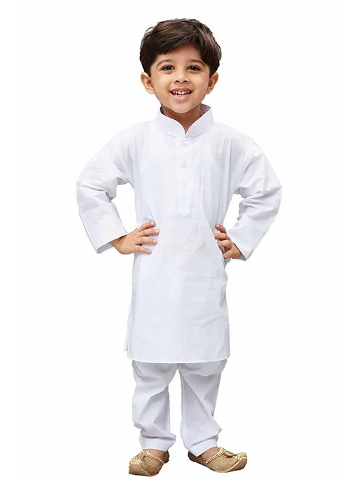 Boys' White Pure Cotton Kurta, Pyjama & Dupatta Set