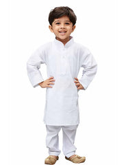 Boys' White Pure Cotton Kurta, Pyjama & Dupatta Set