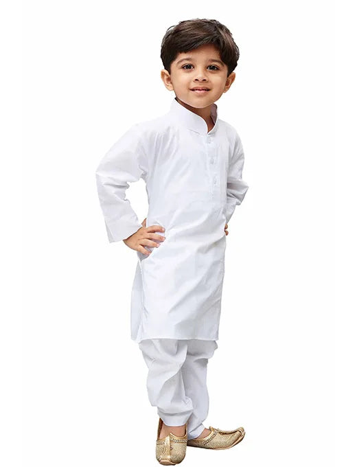 Boys' White Pure Cotton Kurta, Pyjama & Dupatta Set