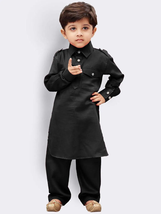 Boys' Black Cotton Pathani Kurta Set