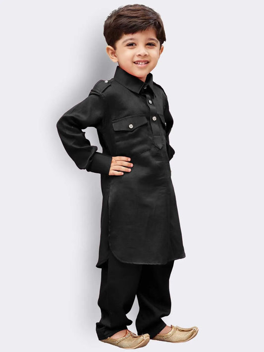 Boys' Black Cotton Pathani Kurta Set