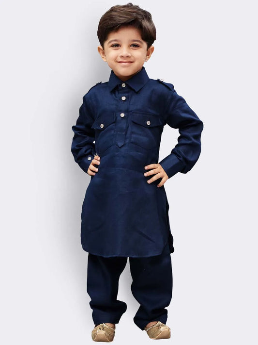 Boys' Navy Blue Cotton Pathani Kurta Set