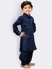 Boys' Navy Blue Cotton Pathani Kurta Set