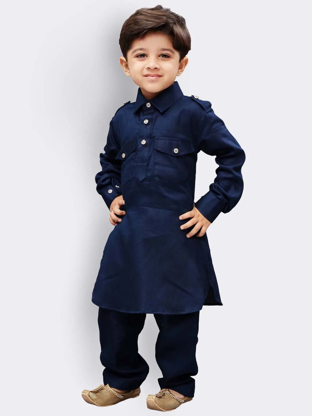 Boys' Navy Blue Cotton Pathani Kurta Set