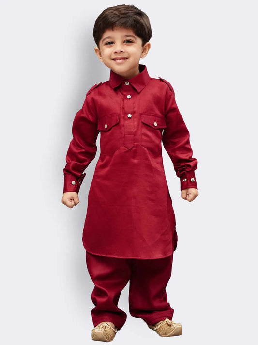 Boys' Maroon Cotton Pathani Kurta Set