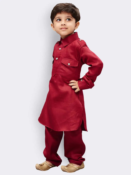 Boys' Maroon Cotton Pathani Kurta Set