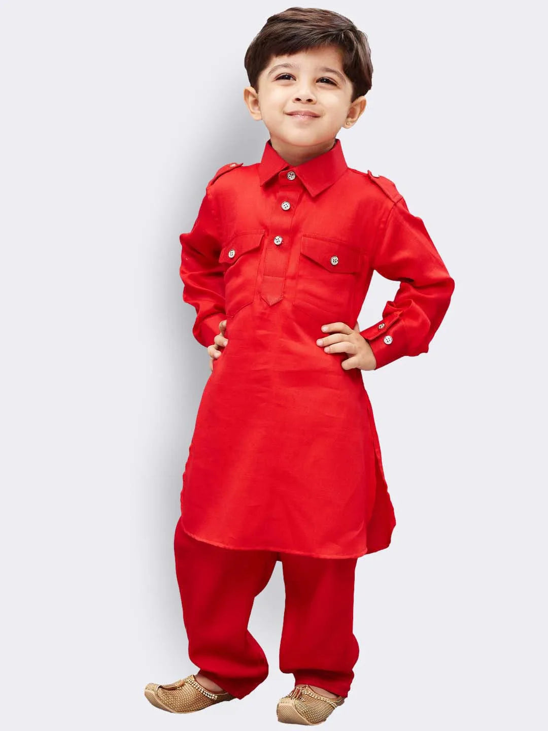 Boys' Red Cotton Pathani Kurta Set