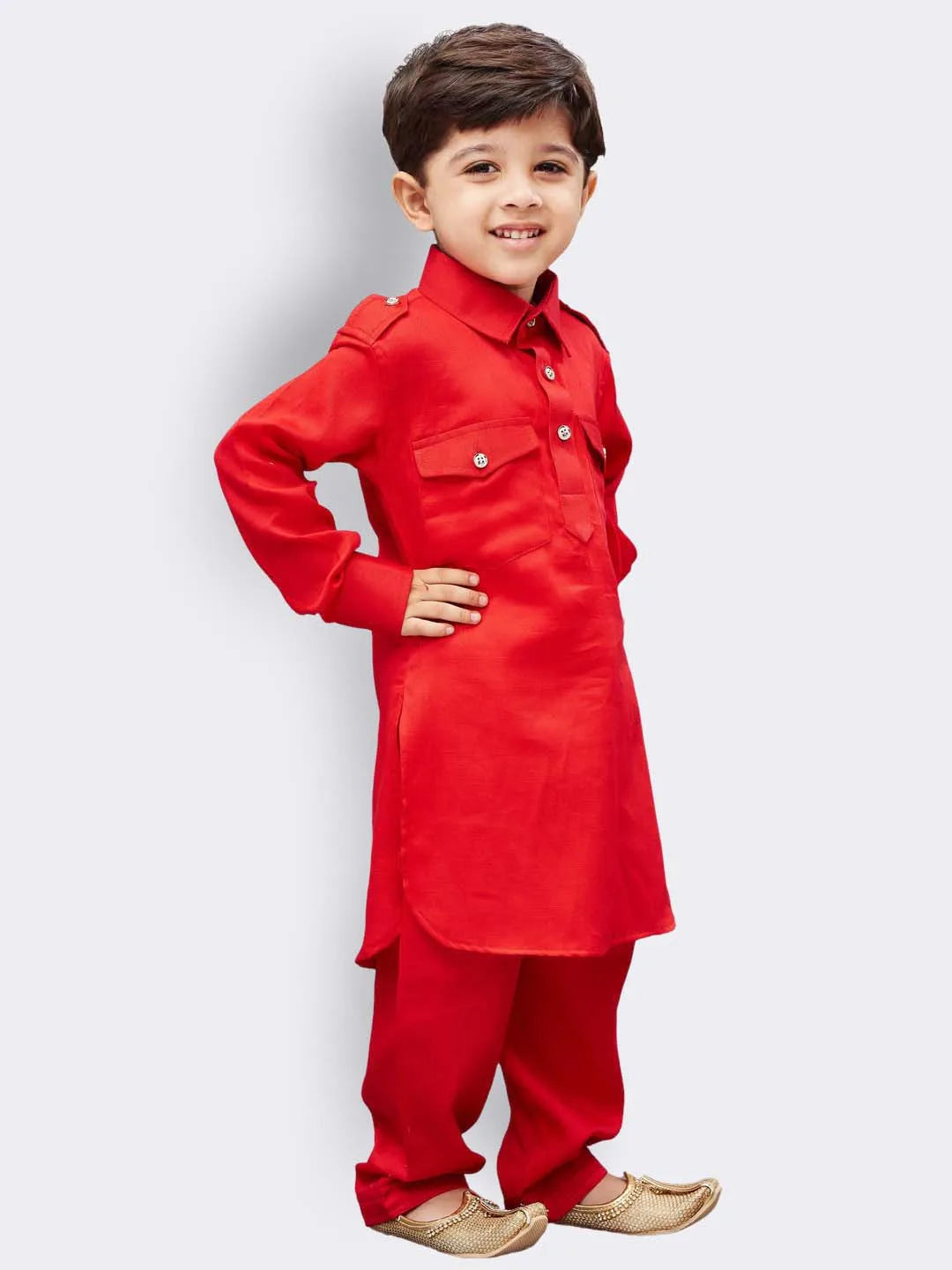 Boys' Red Cotton Pathani Kurta Set