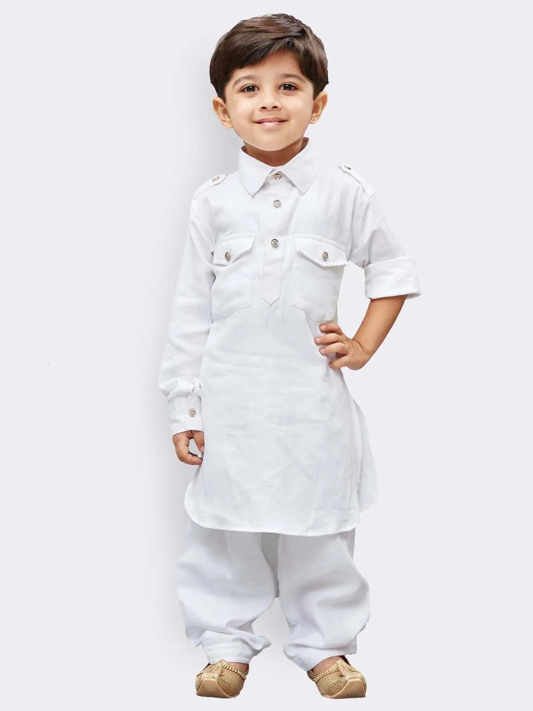 Boys' White Cotton Pathani Kurta Set