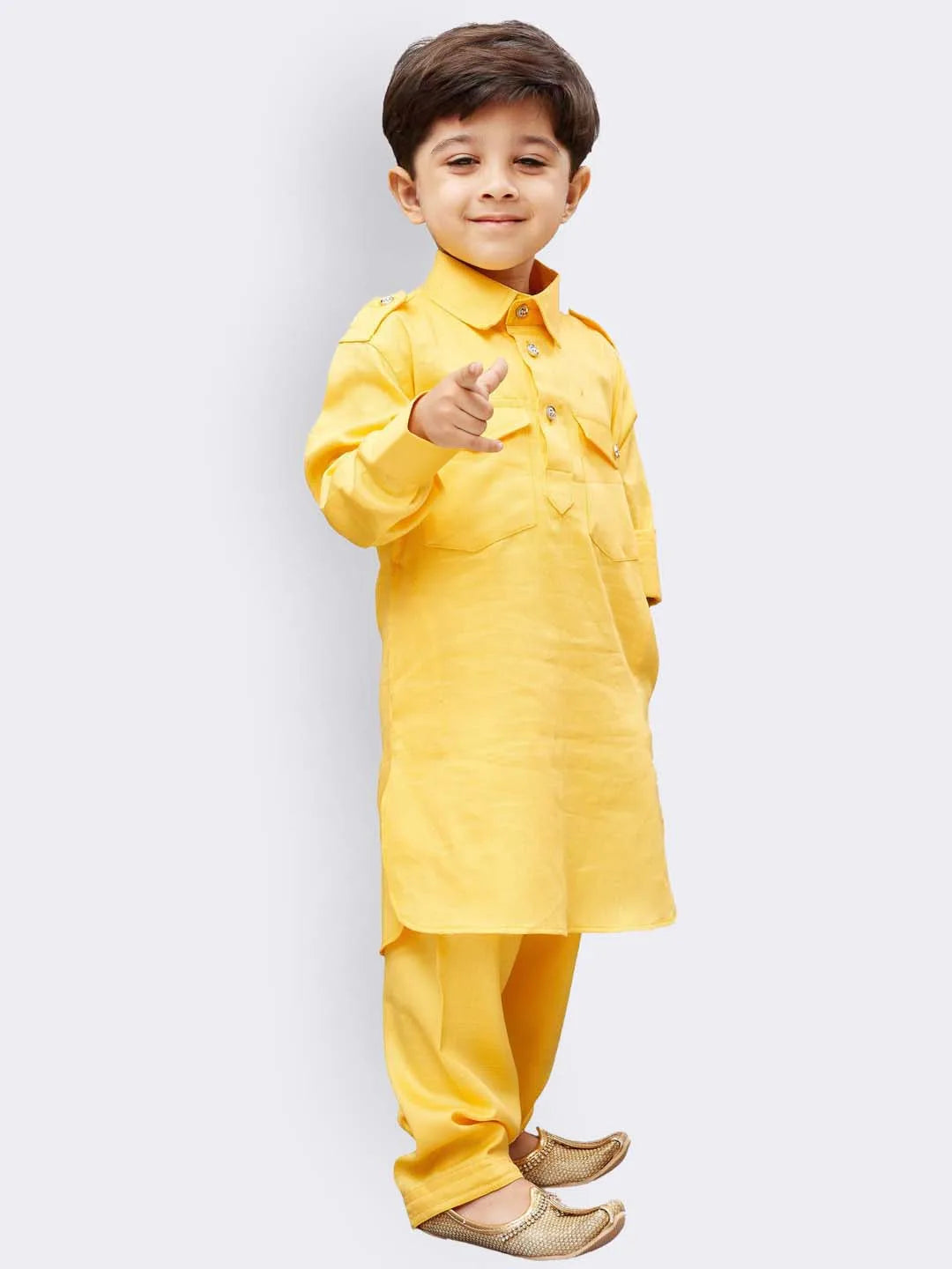 Boys' Yellow Cotton Pathani Kurta Set