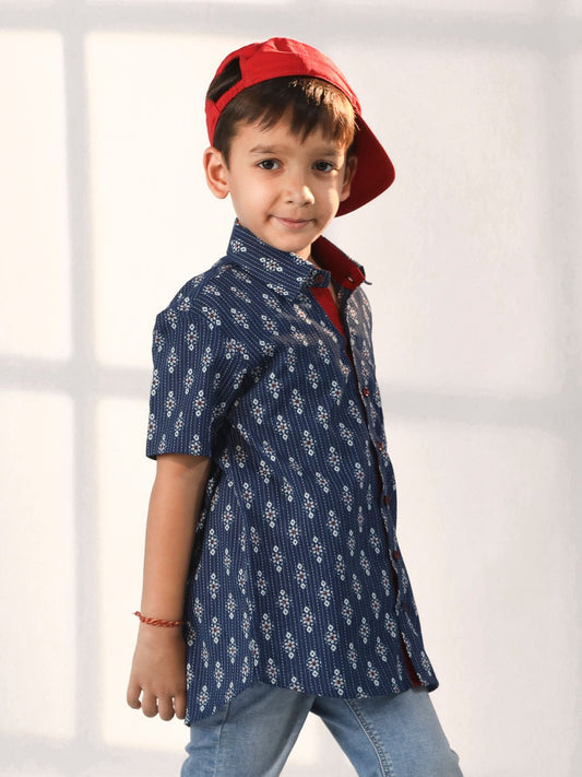 Boys' Navy Blue Ethnic Shirt