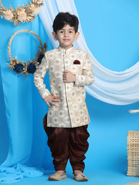 Boys' Beige And Gold Sherwani Set