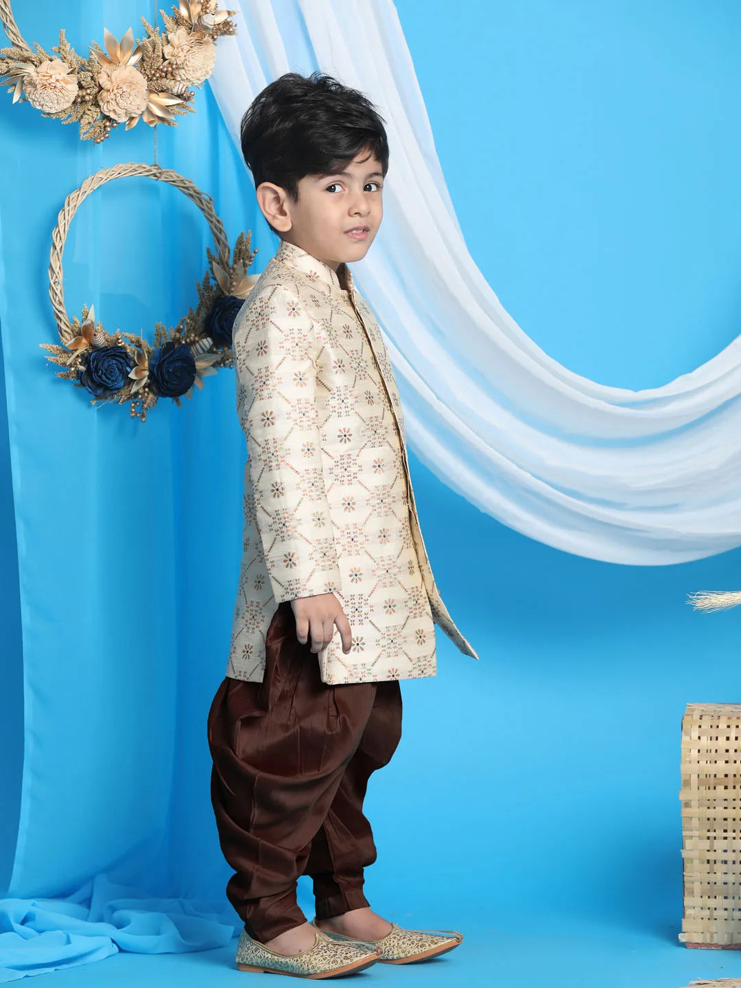 Boys’ Beige And Gold Sherwani Set