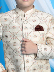 Boys' Beige And Gold Sherwani Set