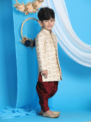 Boys' Beige And Maroon Sherwani Set