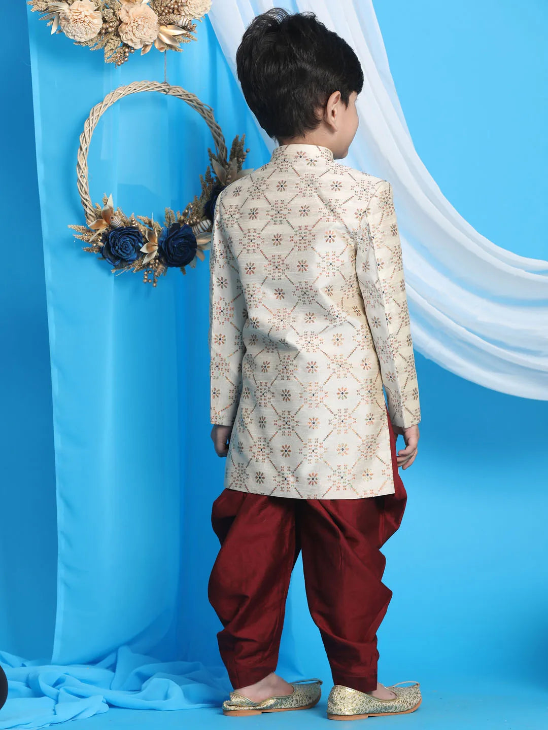 Boys' Beige And Maroon Sherwani Set