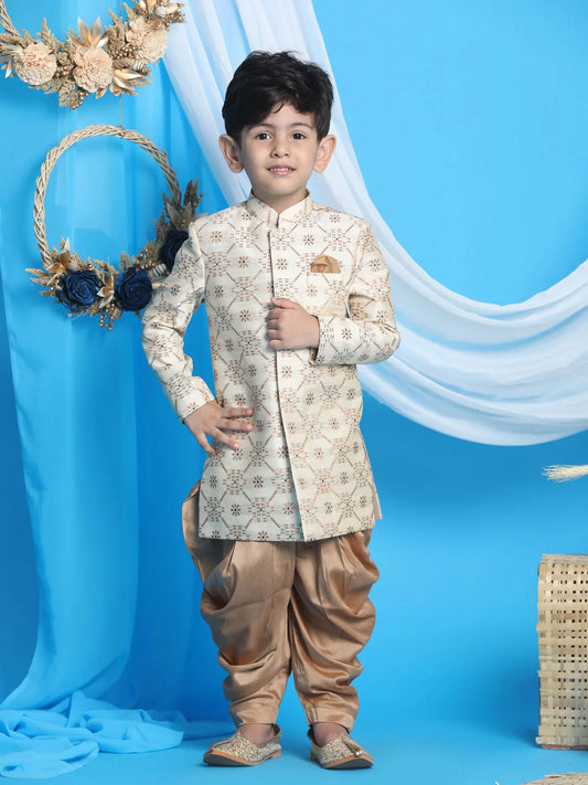 Boys' Beige And Brown Sherwani Set