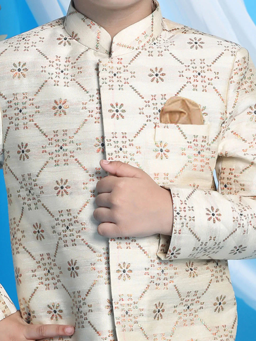 Boys' Beige And Brown Sherwani Set