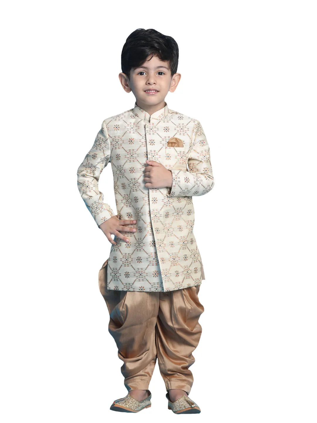 Boys' Beige And Brown Sherwani Set