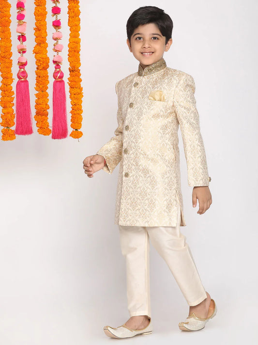 Boys' Gold And Beige Sherwani And Pyjama Set