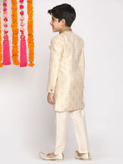 Boys' Gold And Beige Sherwani And Pyjama Set