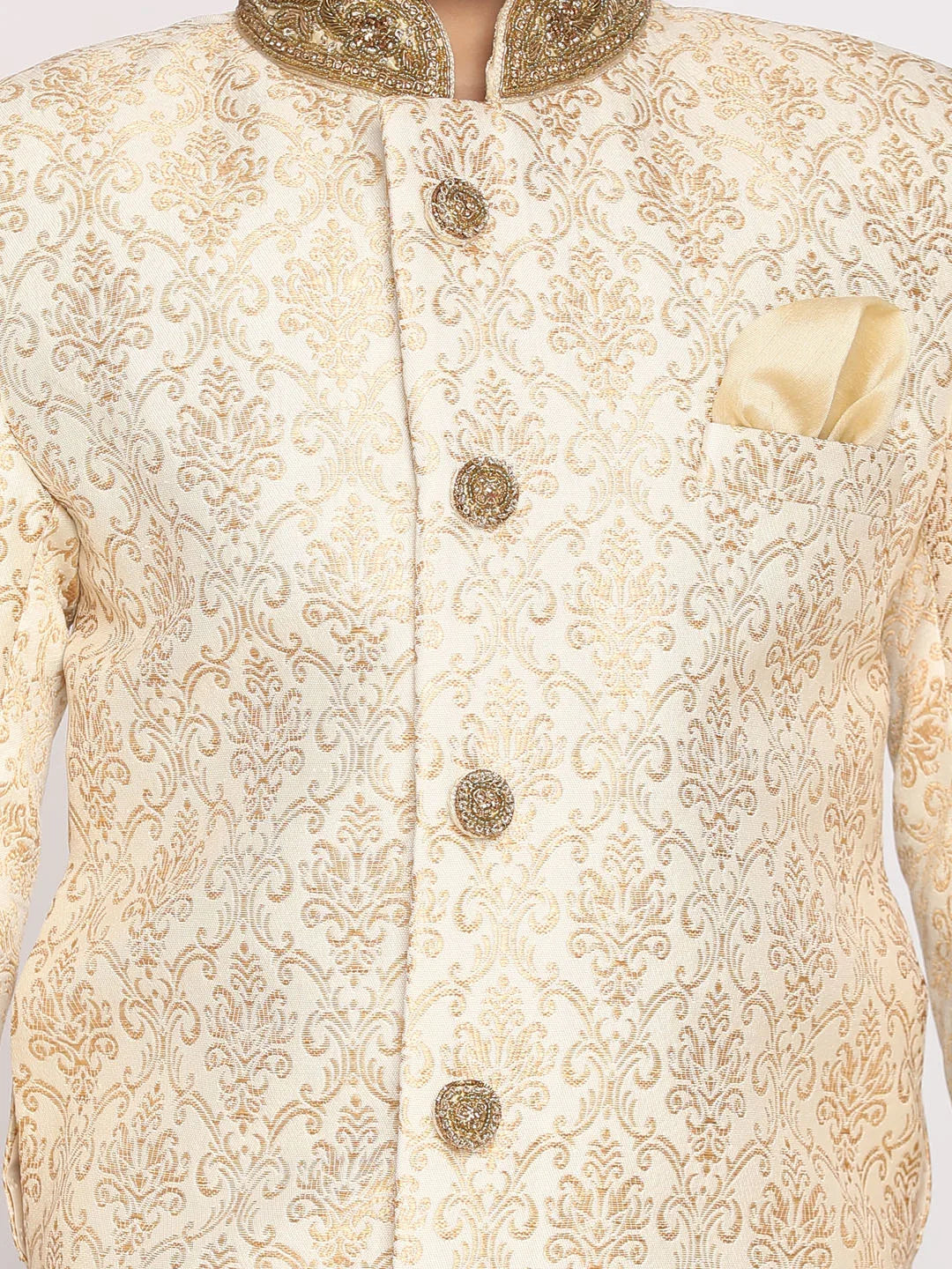 Boys' Gold And Beige Sherwani And Pyjama Set