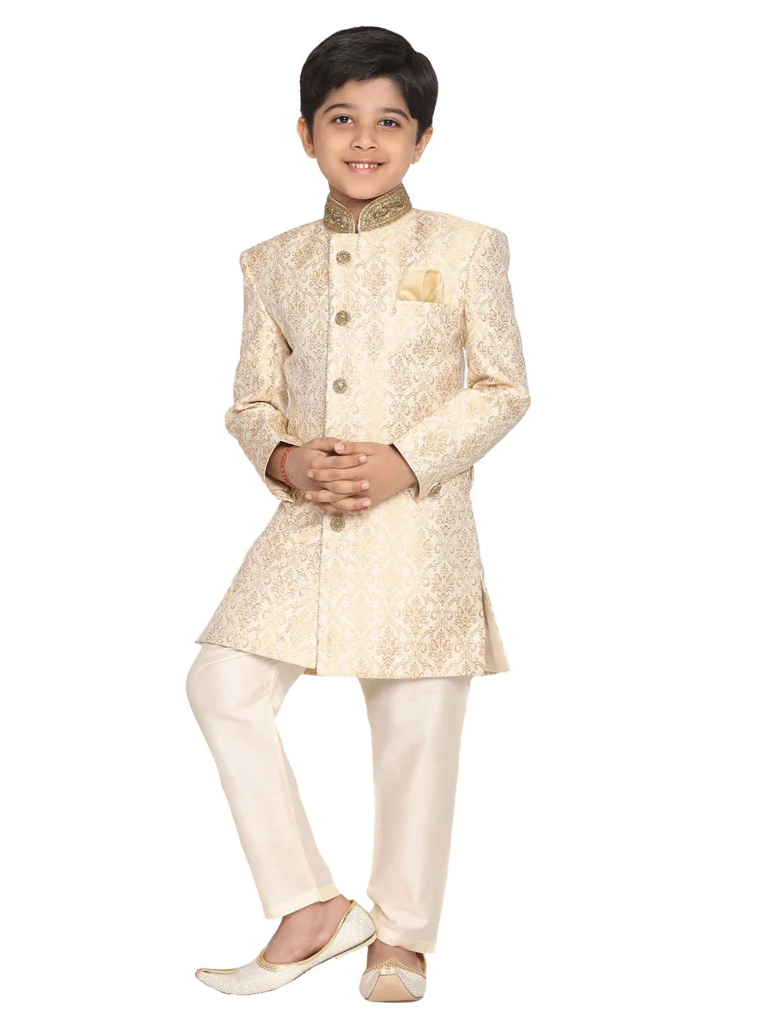 Boys' Gold And Beige Sherwani And Pyjama Set