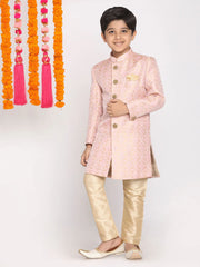 Boys' Pink And Gold Sherwani And Pyjama Set