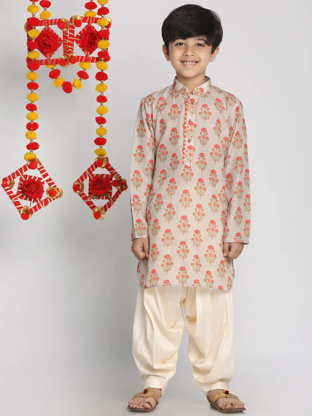 Boys' Multicolor-Base-Beige And Cream Kurta Patiala Set