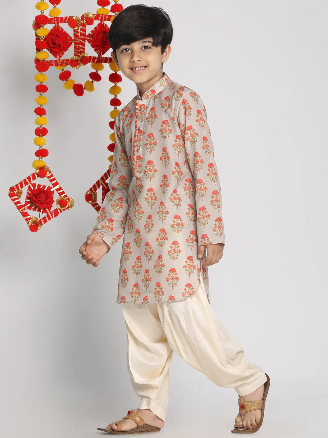 Boys' Multicolor-Base-Beige And Cream Kurta Patiala Set