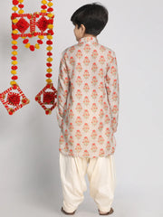 Boys' Multicolor-Base-Beige And Cream Kurta Patiala Set