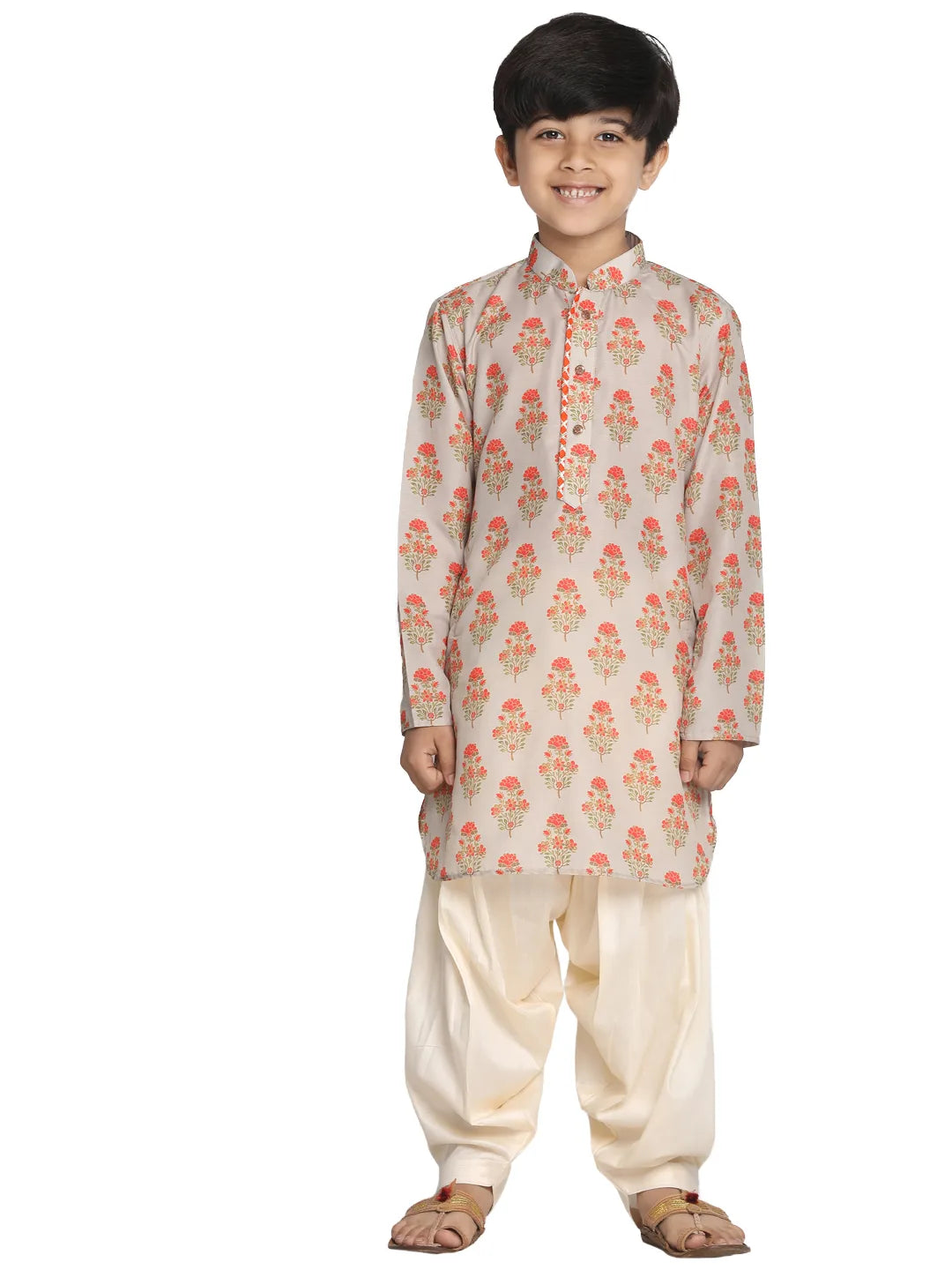 Boys' Multicolor-Base-Beige And Cream Kurta Patiala Set