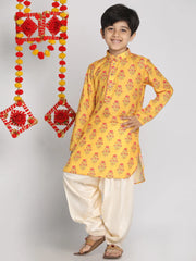 Boys' Multicolor-Base-Mustard And Cream Kurta Patiala Set