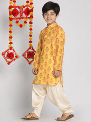 Boys' Multicolor-Base-Mustard And Cream Kurta Patiala Set