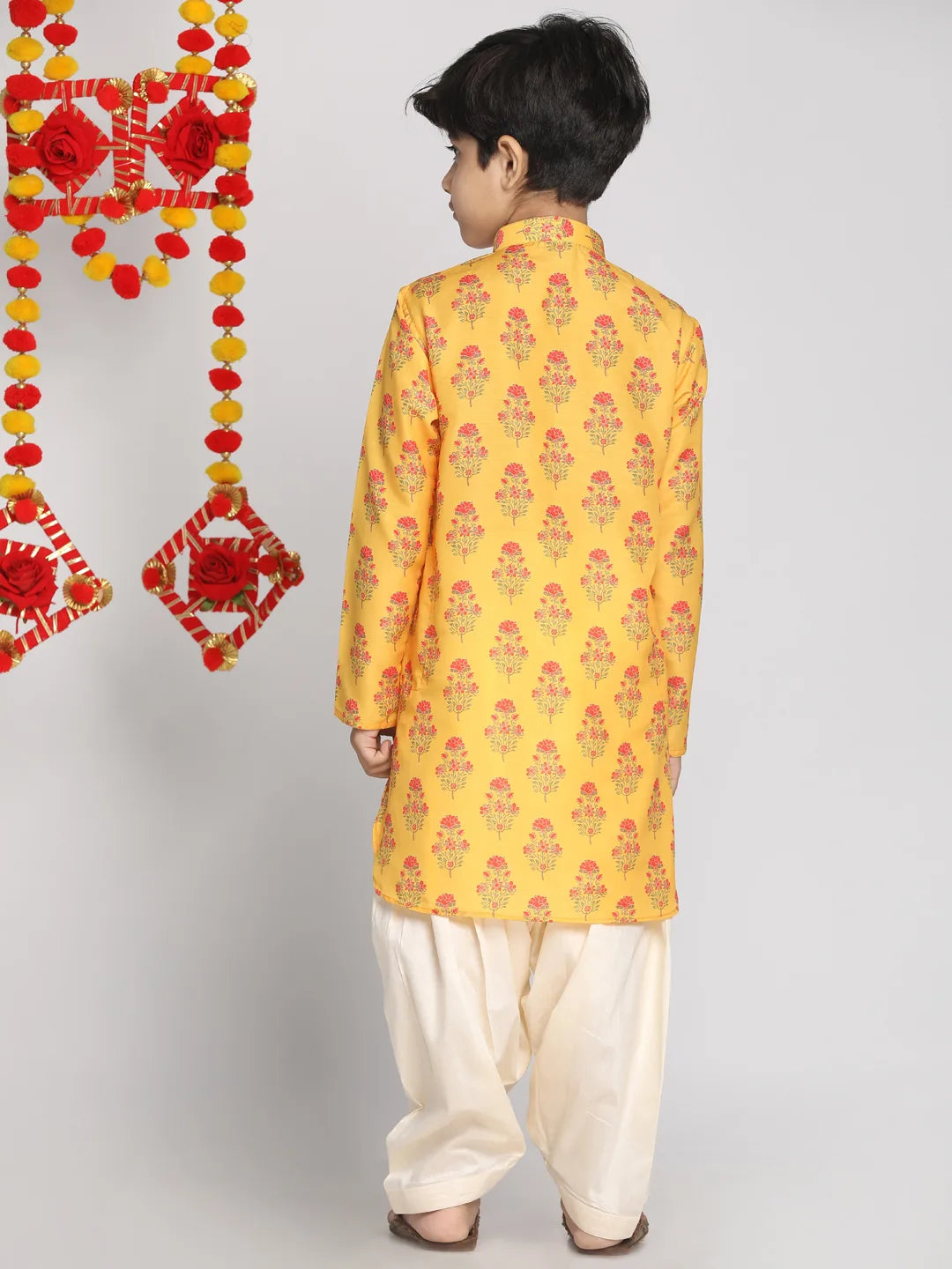 Boys' Multicolor-Base-Mustard And Cream Kurta Patiala Set