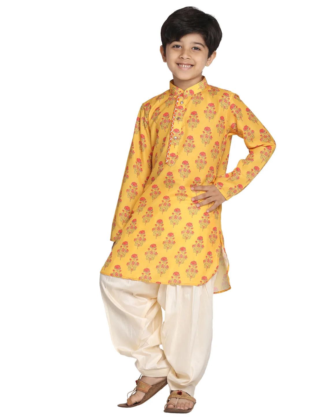 Boys' Multicolor-Base-Mustard And Cream Kurta Patiala Set