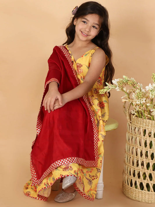 Girls Yellow And Maroon Anarkali And Dupatta Set